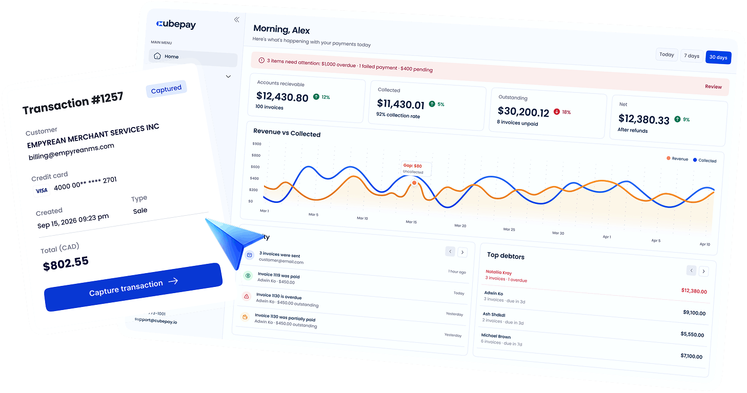 CubePay dashboard with an open transaction card and a captured payment